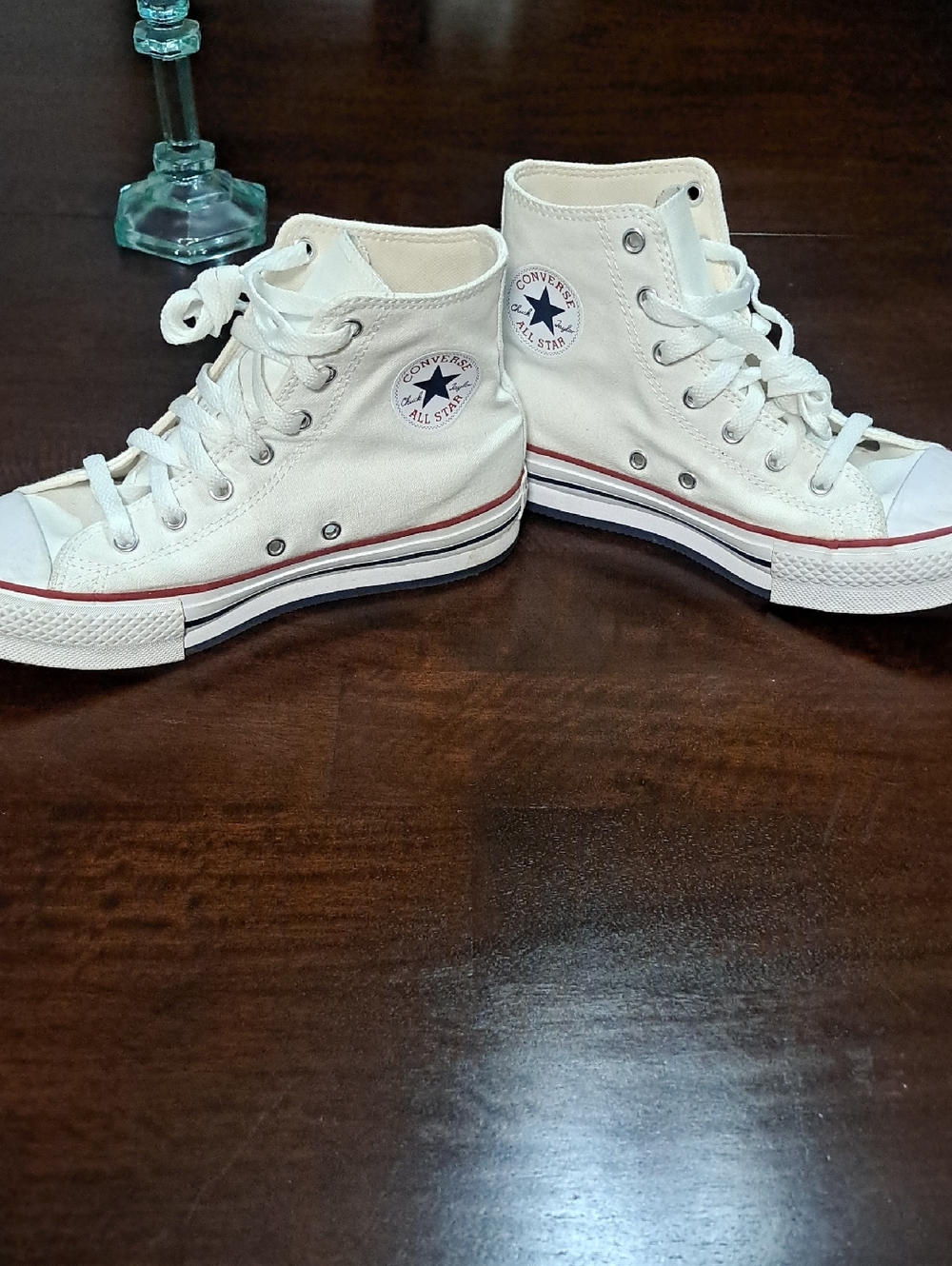 Converse White High Top Sneakers with Red & Navy Trim